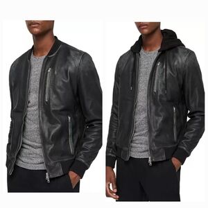 Men's Abbot Leather Bomber Distressed Hooded XL All Saints